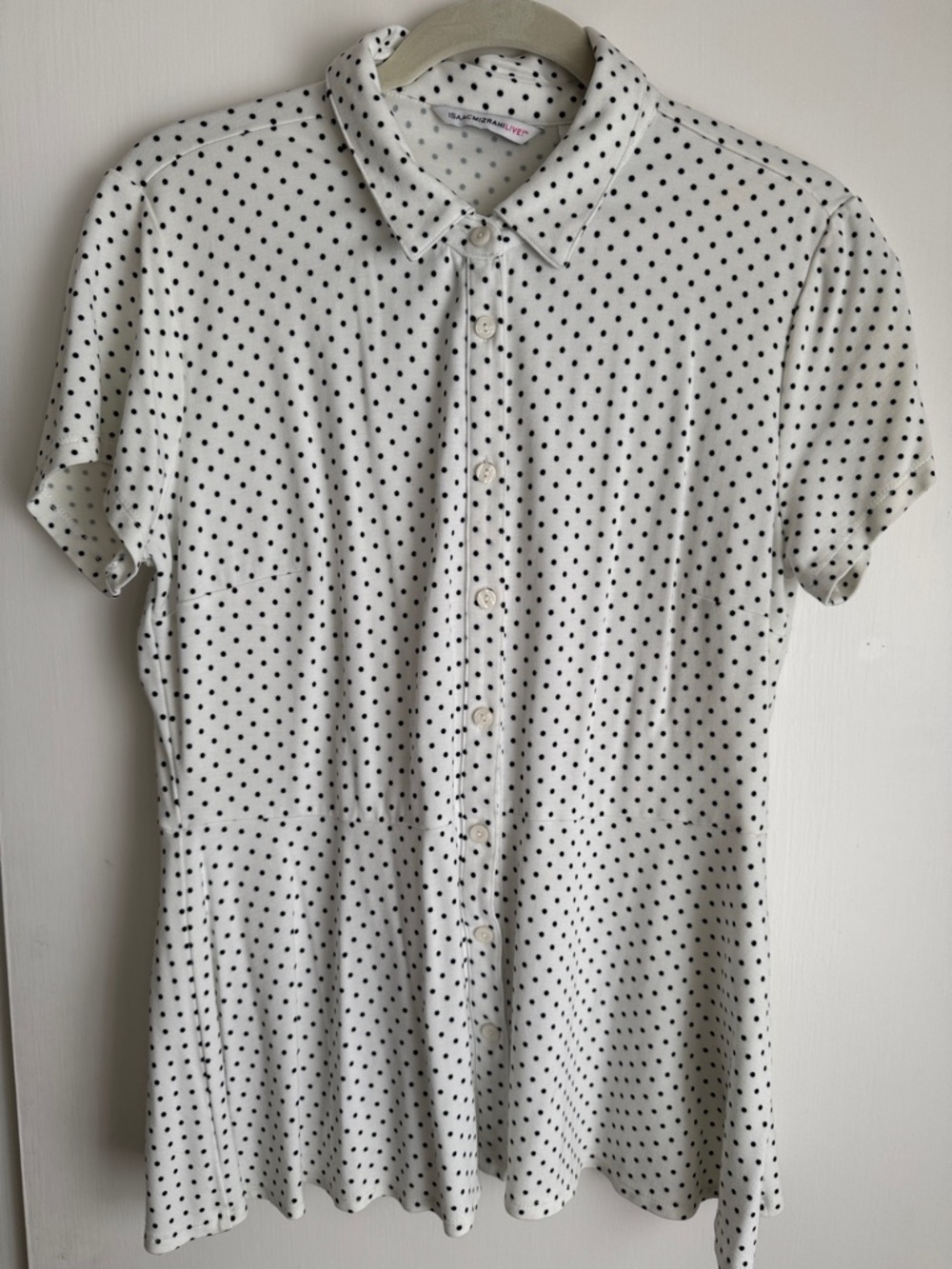 Isaac Mizrahi Live! White Button-Down Knit Peplum Top with Black Polka Dots